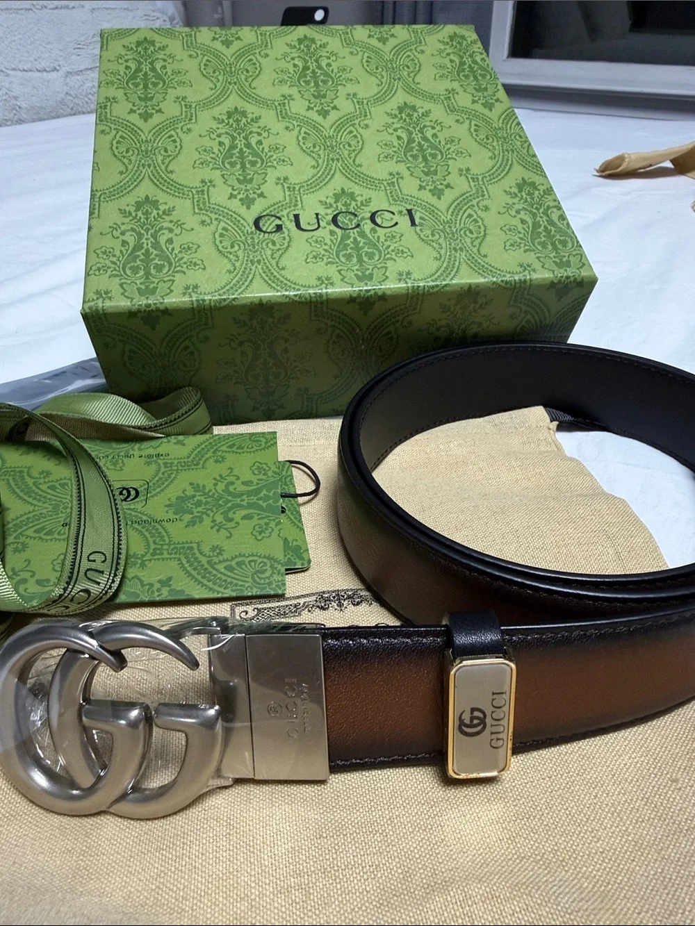 Brown Leather Belt with Silver Double G Buckle